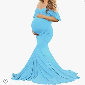 Maternity Sweatheart Off The Shoulder Ruffle Sleeves Blue Maxi Mermaid Dress